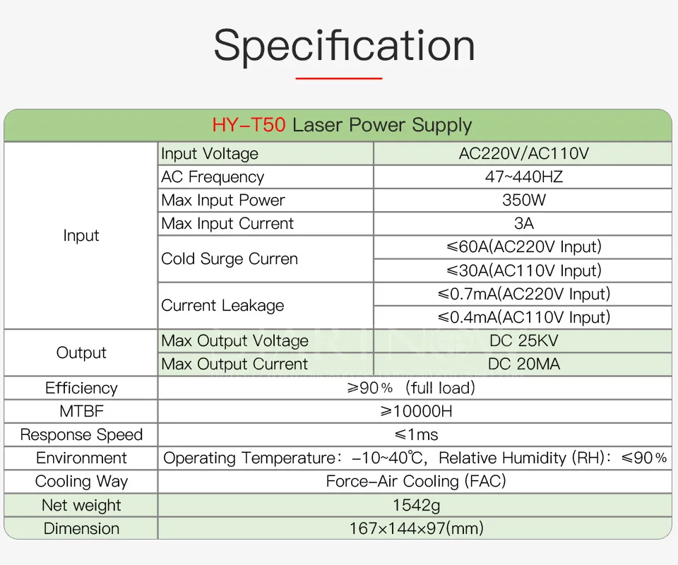 HY-T50 CO2 лазерный источник питания 50 Вт Co2 лазерный генератор 110 В 220 В Co2 лазерный источник для Co2 лазерный гравировальный станок для резки
