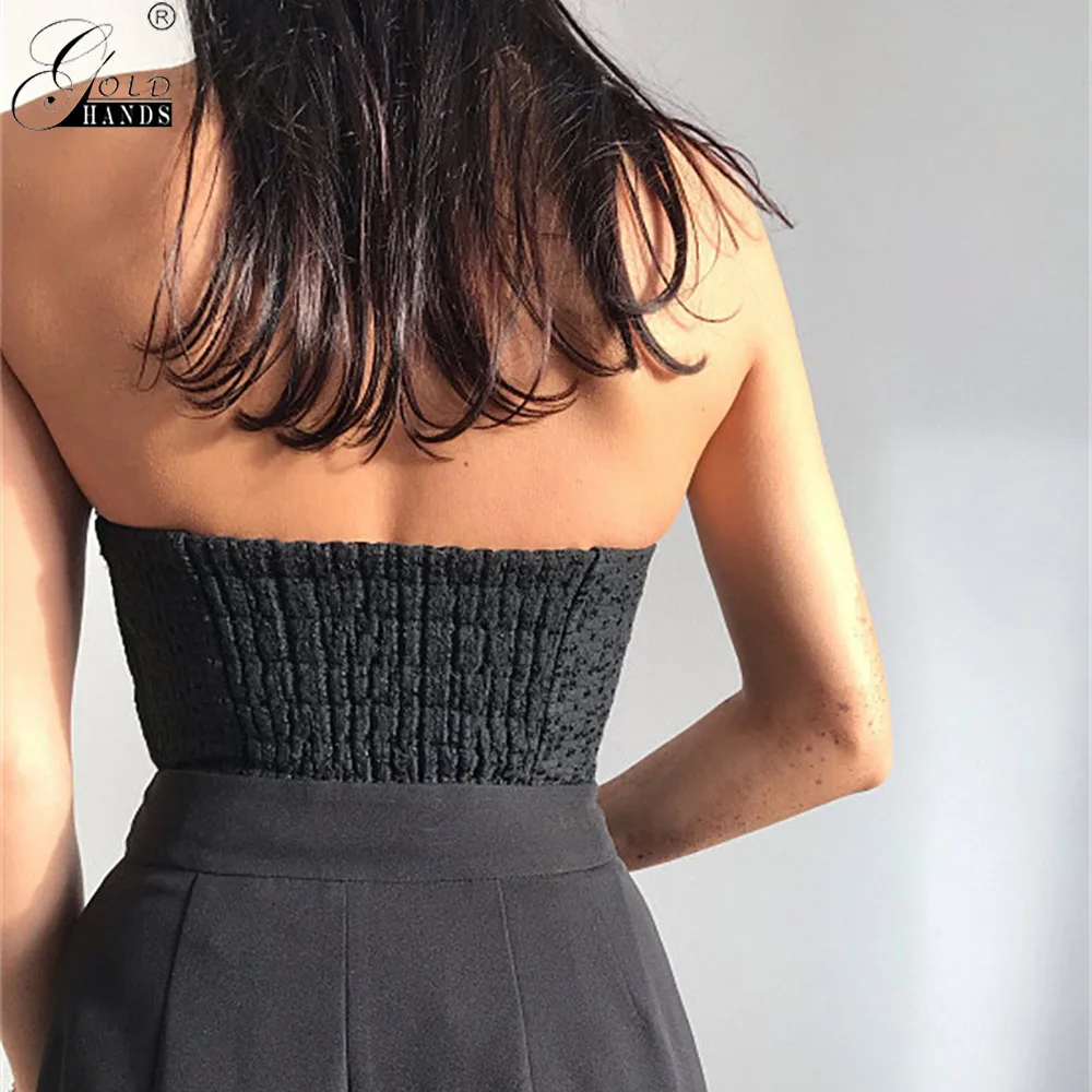 Gold Hands Women Black Tube Crop Tops Tees Bandeau Tops Summer Slash Neck Wrap Chest Off Shoulder Strapless Shirt Bottom