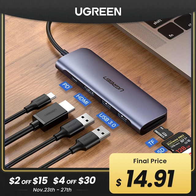 Ugreen-محطة منافذ الشحن, قاعدة شحن وتوصيل متعددة المنافذ USB C HUB Type C إلى USB 3.0 HUB HDMI قاعدة توصيل محمول وصل ماك بوك برو هواوي مات 30 مع USB-C 3.1 1