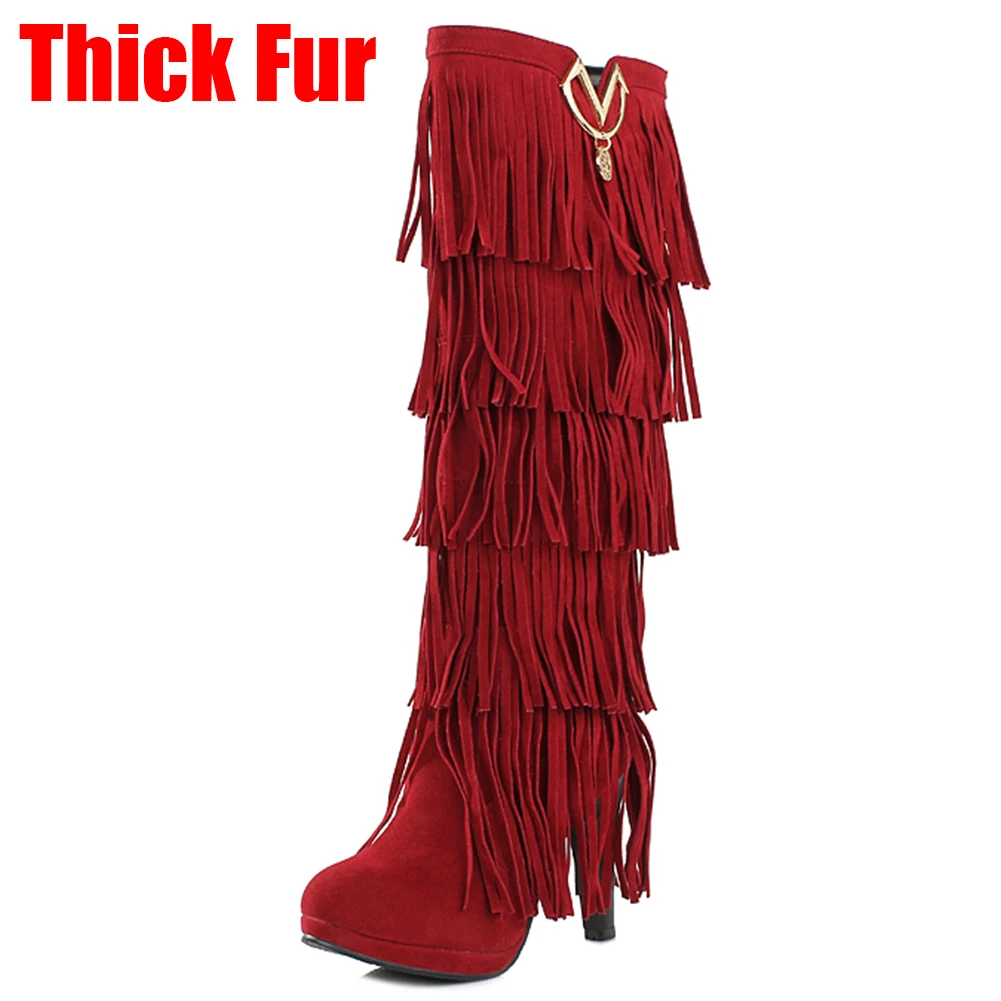 red thick fur DORATASIA/Новинка, большие размеры 33-43, модные сапоги с бахромой женская обувь на высоком каблуке женские вечерние сапоги до колена, Осень-зима - Цвет: red thick fur