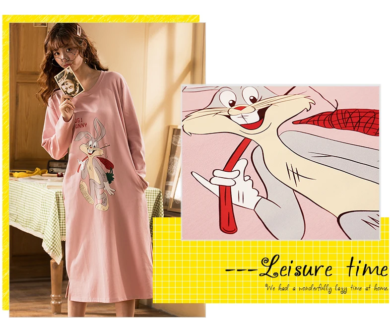 Розовое Ночное платье, Хлопковое платье для сна, длинные ночные рубашки с длинными рукавами и принтом кролика, хлопковое нижнее белье для