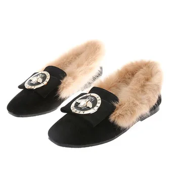 

Flock Leather Wool Winter Flat Shoes Woman Warm Snow Loafers Ladies Fur Shoes Plus Size Bee Fashion Moccasins Footwear new 2019