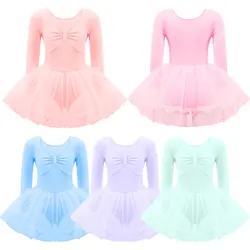 #4-14 Kids Girls Ballet Dance Clothing Long Sleeve V Neck Ruched Tutu Mesh Lace Hem Dancing Dress  Children Dancewear