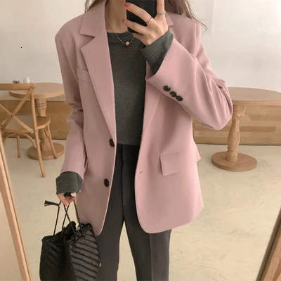 Pink Женский Шикарный Розовый свободный пиджак блейзер однобортный длинный рукав офисная одежда пальто цельные костюмы Женская Повседневная Верхняя одежда Топы Костюмы - Цвет: Pink