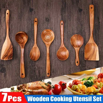 

7PCS/Set Wooden Cooking Set Kitchen Wooden Strainer Spoon Scoop Long Handle Skimmer Utensils Cooking Tools Healthy to Use