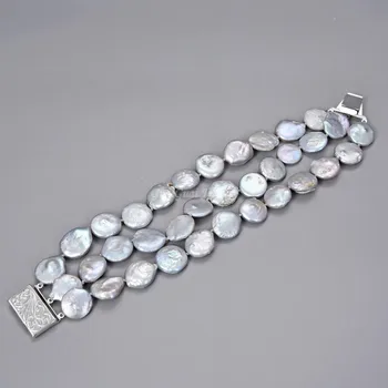

GG Jewelry 3 Strands 14MM Gray Coin Pearl Bracelet