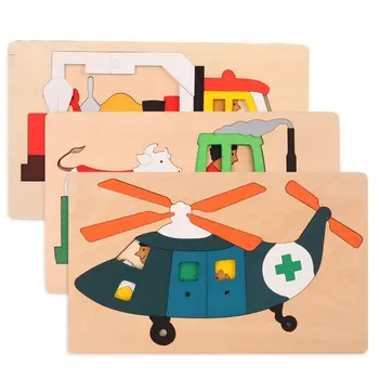 

Free shipping Children Educational Wooden Puzzles Multilayer Cartoon Animal 3D jigsawPuzzle toy Kids wood Helicopter puzzle gift
