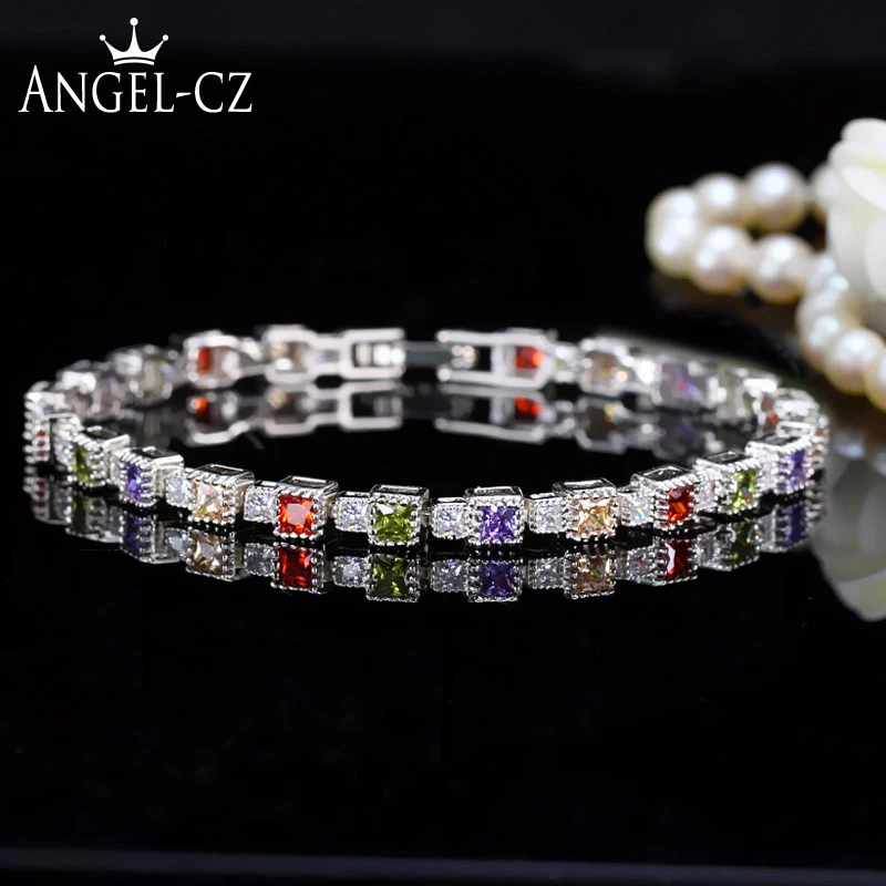 ANGELCZ изысканные серебряные CZ браслеты для тенниса инкрустированные квадратными