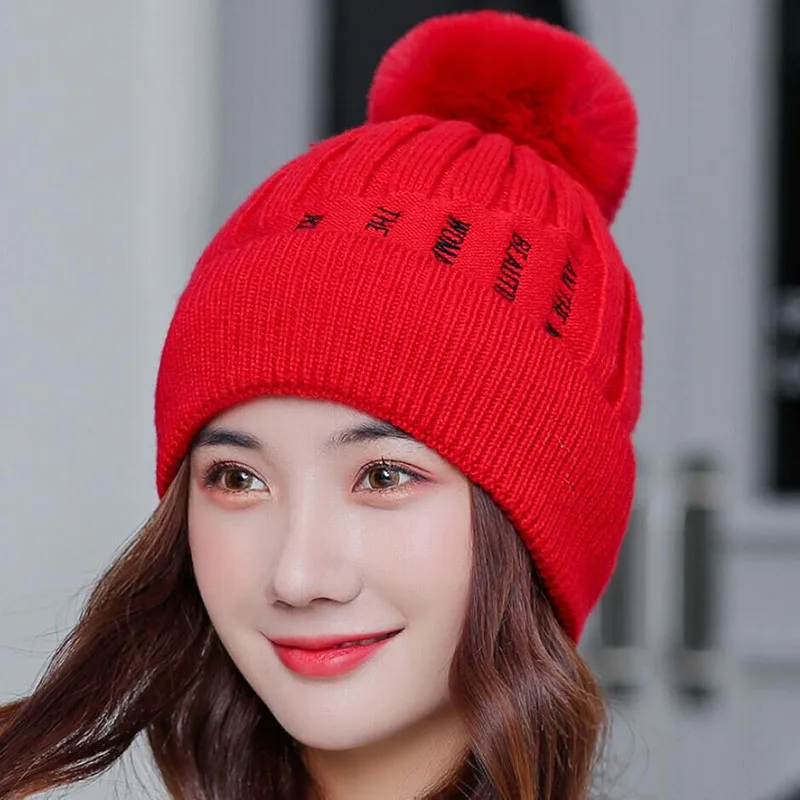 Skullies Beanies зимняя женская шапка вязаная теплая шапка с помпоном Модная брендовая теплая вязаная шапка плюс бархат