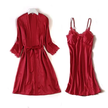 

Wepbel Two-Piece Set Pajamas Women's Thin Ice Silk Nightgown Nightdress Plus Size with Chest Pad Dungaree Dress Set Leisure Tops