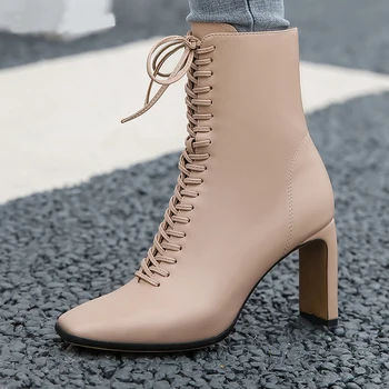

Size 34-43 Women Ankle Boots Fashion Cross Strap High Heel Winter Shoes Woman Zipper Office Lady Street Footwear