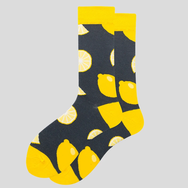 Dark grey lemon Яркие цветные мужские носки, новинка, милые женские носки из чесаного хлопка с изображением животных, фламинго, зебры, фруктов, счастливых подарков - Цвет: Dark grey lemon