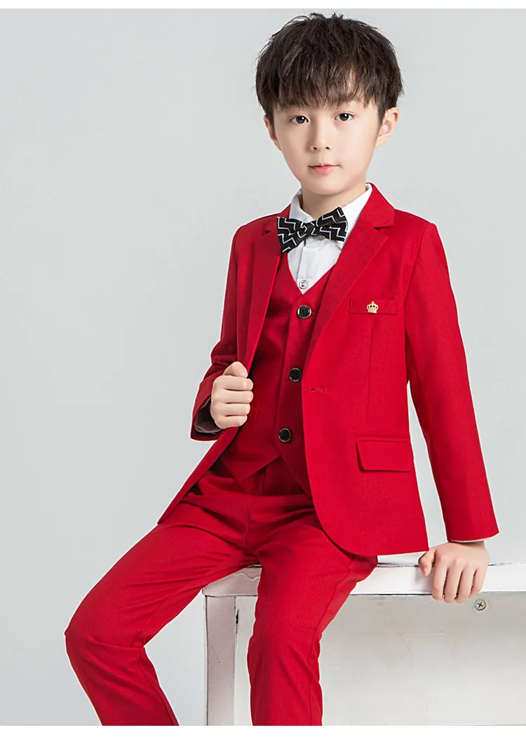 Autumn Children's Formal Suit Set Flower Boy Wedding Piano Show Host Costume Kids Tuxedo Vest Pants Shirts Bowtie 5pcs Clothes