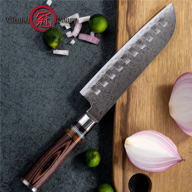 GRANDSHARP Дамасские кухонные ножи Santoku 7 дюймов vg10 японская Дамасская нержавеющая сталь 67 слоев шеф-повара кухонные инструменты Подарочная коробка