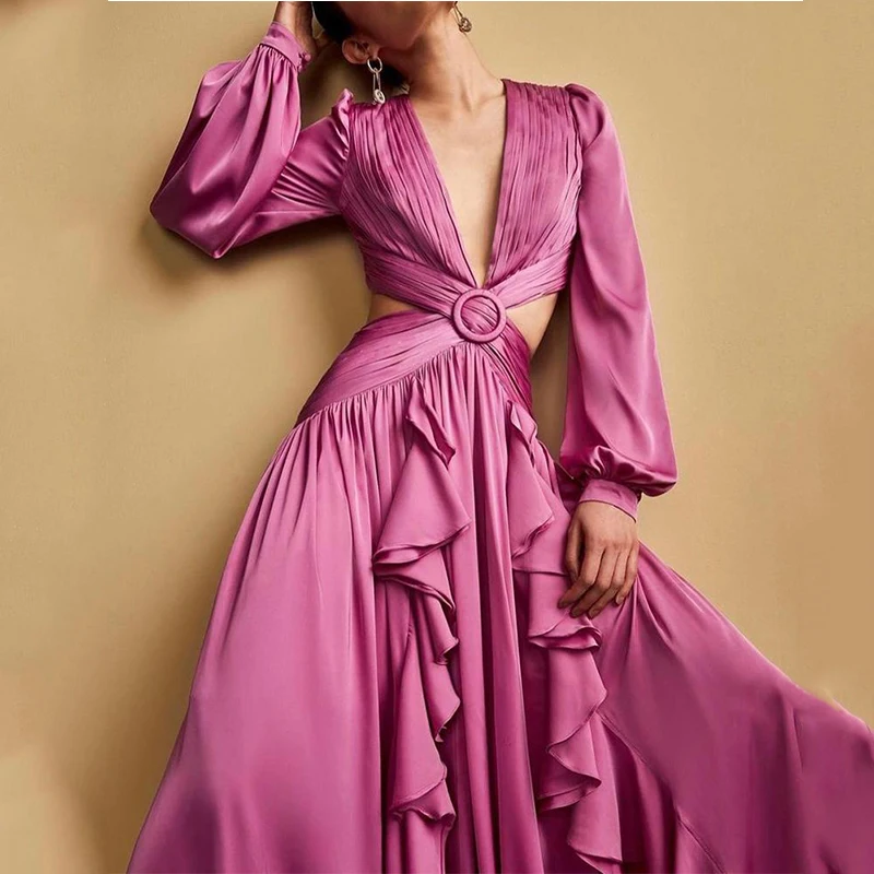 LIYONG Ruffle Hem Women Dress Autumn Hollow Out Sexy V Neck Beach Maxi Long Lantern Sleeves High Split Elegant Party | Женская одежда