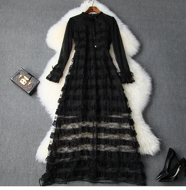 Женское многослойное платье X-Long, новинка, Сетчатое кружевное платье А-силуэта, красные, черные, с расклешенными рукавами, с бантом, в стиле пэчворк, тонкие, темпераментные, вечерние платья