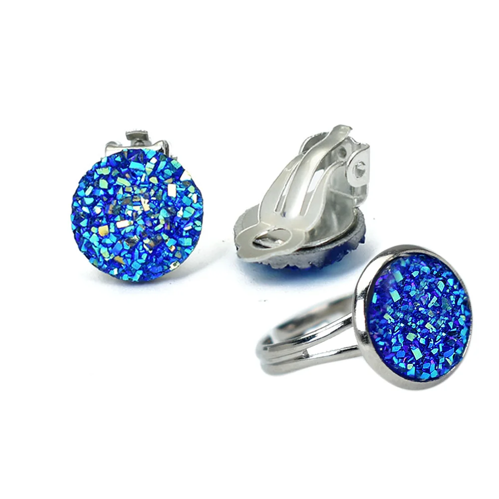 2PCS Wedding Round Jewelry Sets Non Pierced Blue Druzy Resin Stone Ear Clip Earrings For Women Adjustable Open Finger Ring Set