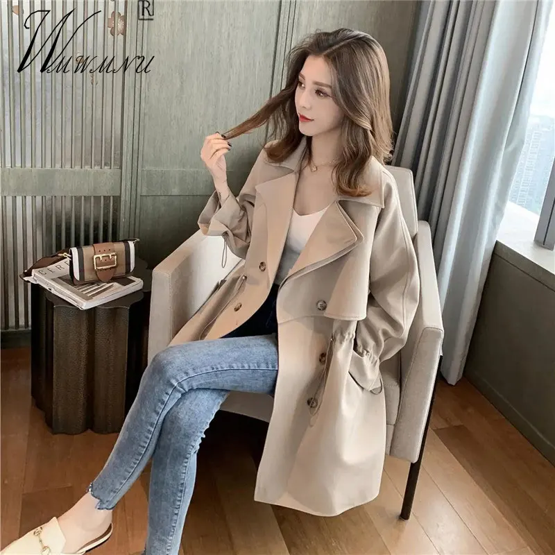 Korean Slim Waist Drawstring Trench Coat Women 2023 Spring Thin Double Breasted Gabardina Design Suit Collar Beige Windbreak