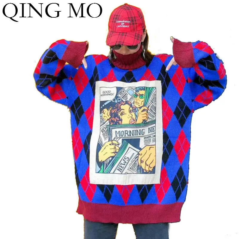QING MO Plaid Winter Women Pullover Sweater 2019 Cartoon Printed Turtleneck Knitted Loose ZQY1875 | Женская одежда