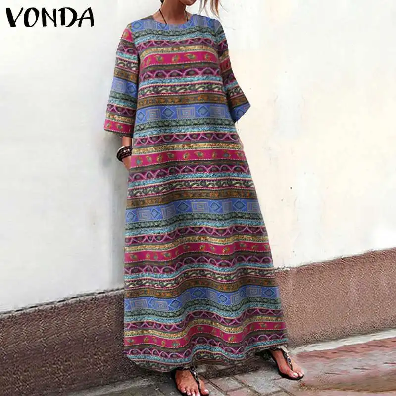 VONDA 2021 летние макси длинное платье без рукавов с круглым вырезом винтажным