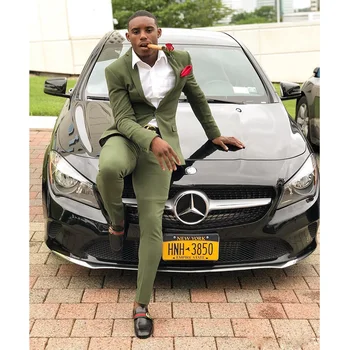 

Cheap Olive Green Mens Suits Slim Fit Two Pieces Groomsmen Wedding Tuxedos For Men Peaked Lapel Formal Prom Suit (Jacket+Pants)