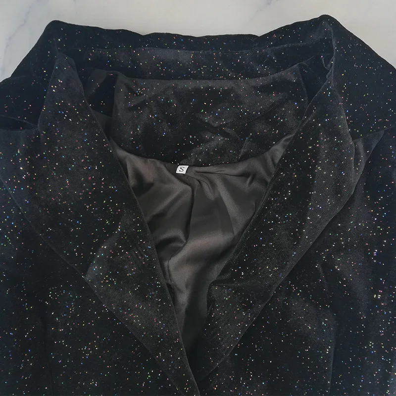 Бриллиантовый блейзер с блестящими рукавами, куртка для женщин, с зазубренным воротником, черный бархатный Длинный блейзер, куртка, шикарная осенне-зимняя верхняя одежда года