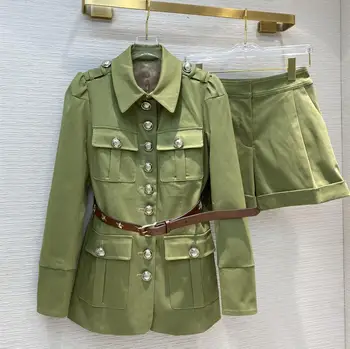 

2020 Spring Chic women's Safari Style belt jackets+high-rise Shorts Women chic pantsuit B597