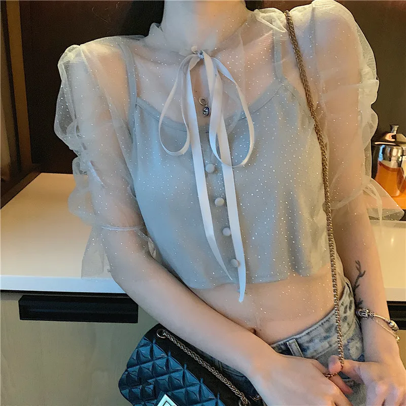 

sweet half puff sleeve bow blue perspective mash ladies tops Women's Clothing fashion brand summer style Korean Shirts new hot