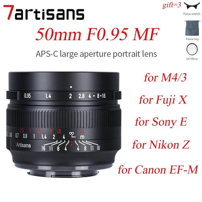 7 Artisans 7 Artisans 50Mm F0.95 Aps-C Obiettivo Della Fotocamera Mf Messa A Fuoco Manuale Per Nikon Z Olympus M4/3 Fuji Xf X Canon Ef-M Eos-M Sony E