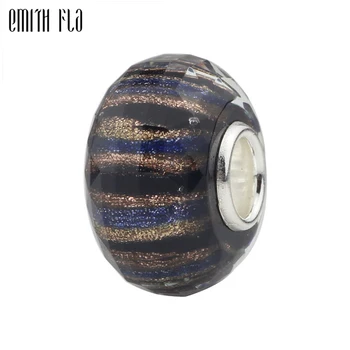 

Emith Fla 925 Sterling Silver Large Hole Charm Beads Round Blue Sand Murano Glass European Fit Brand Bracelet Jewelry Makings