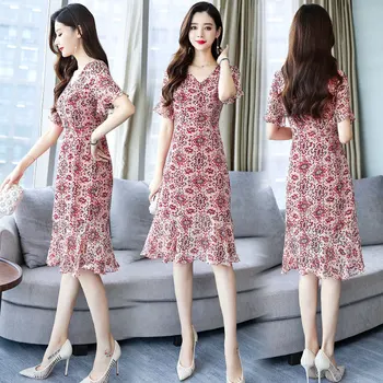 

Floral-Print Chiffon Dress Slim Fit Elegant 2020 New Style Summer Sheath Fishtail Dress