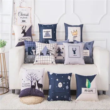 

45*45/50*50/30*50cm Bule Gray Deer Waist Pillow Cushion Cover Office Sofa Car Flannel Geometric Throw Pillowcase Home Decoration