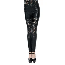 Devil Модные женские панк сексуальные брюки из искусственной кожи в готическом стиле, кружевные леггинсы с высокой талией, длинные брюки Mptocycle в стиле панк