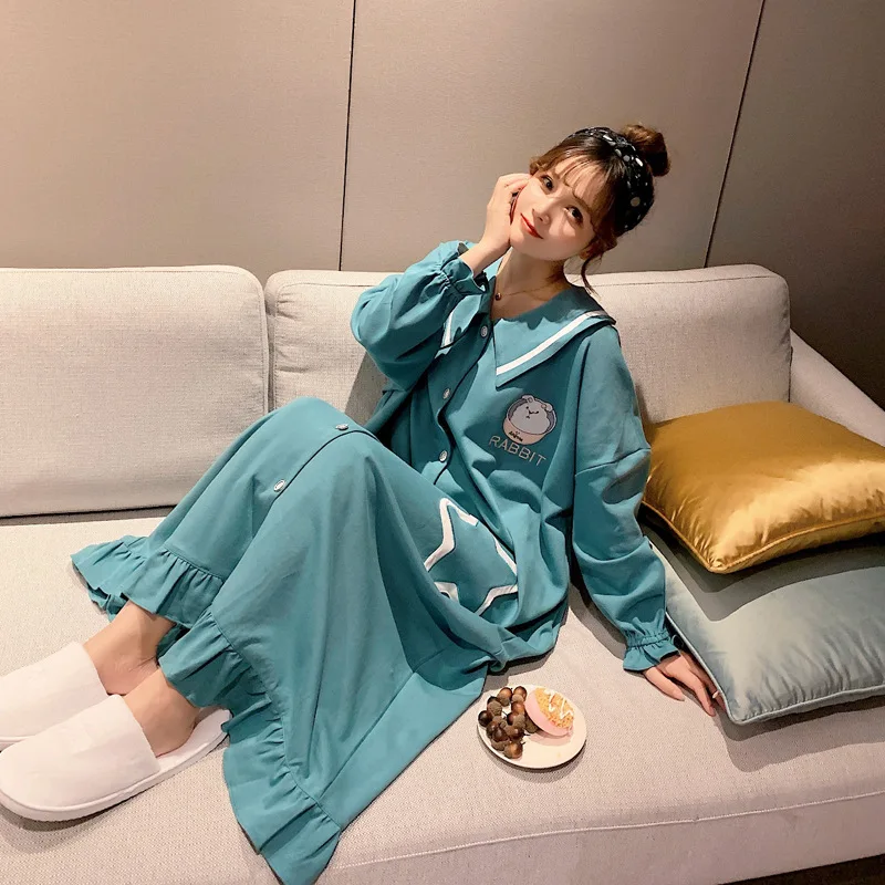 

Long Nightgown Women's Spring And Autumn Pure Cotton Long Sleeve Loose And Plus-sized over-the-Knee Home Wear Fat Fat Mm-Outer W