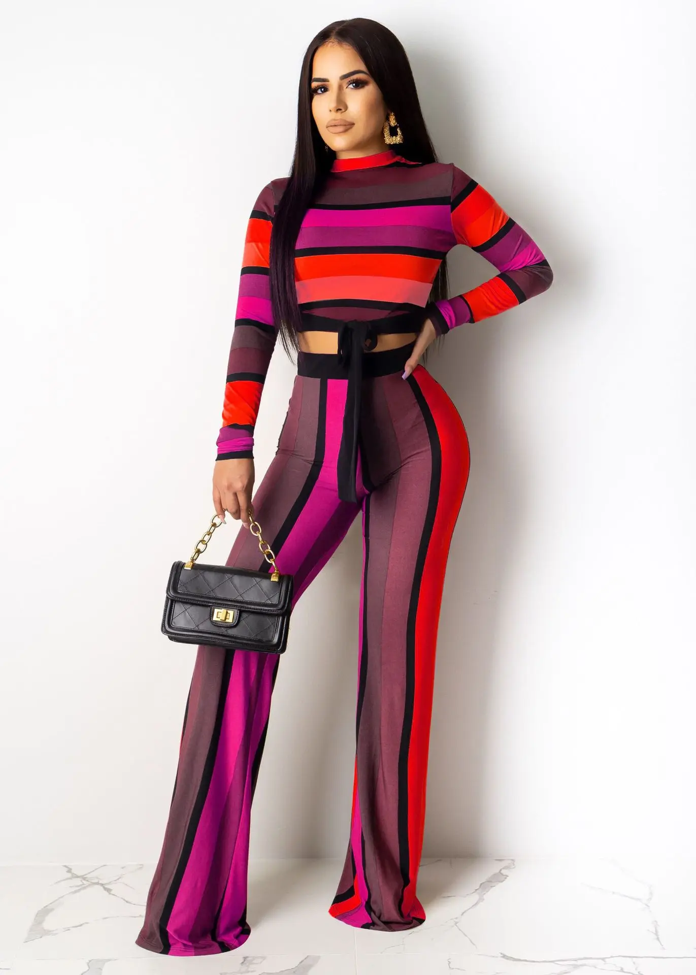 Echoine, Осенний Цветной полосатый комплект из двух предметов, топы с длинными рукавами+ длинные широкие штаны, спортивный костюм для женщин, 2 предмета, наряды для женщин