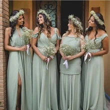 Sage Green Bruidsmeisje Jurken 2021 Chiffon A-lijn Off Shoulder Side Split Plooi Floor Lengte Wedding Party Jurken Met Sjerpen