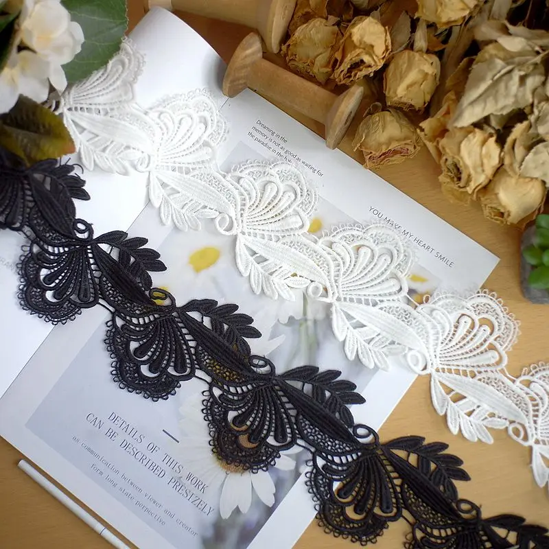 

10yards Width 8cm Black white Water soluble polyester lace trim fabric ribbons DIY dress clothing skirt edge curtain accessories