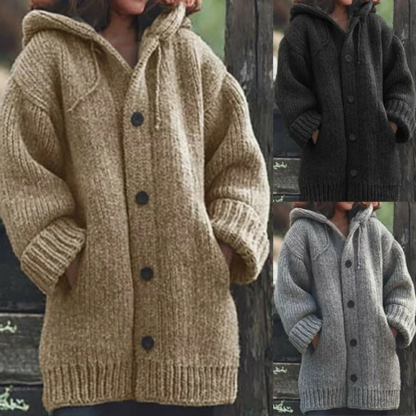 Button Down Hooded Knitted Cardigan Outerwear Solid Color Long Sleeve for Winter TY66 long duvet coat