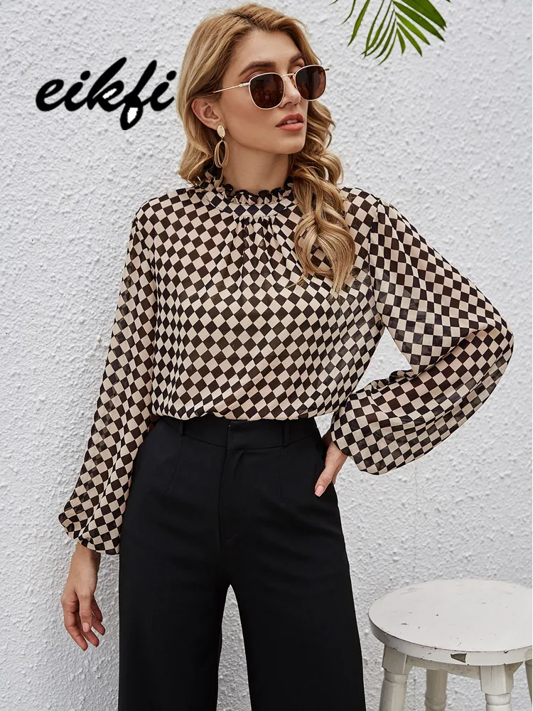 

EIKFI женская многоцветная клетчатая блузка с воротником-оборкой и рукавами-фонариками