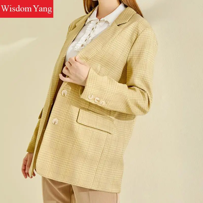 Great Value Spring Autumn Womens Suit Jacket Yellow Plaid Female Coats Loose Casual Formail Jackets Office Ladies Korean Outerwear Overcoat