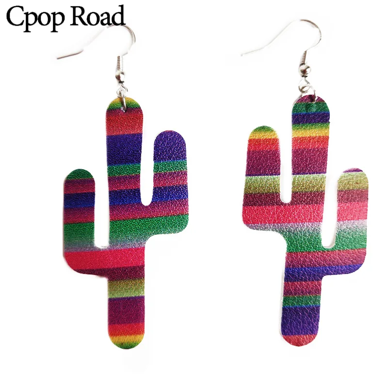 

Cpop Rainbow Cross Cactus Earrings for Women Personality PU Leather Earrings Fashion Jewelry Accessories Gift Hot Sale Wholesale