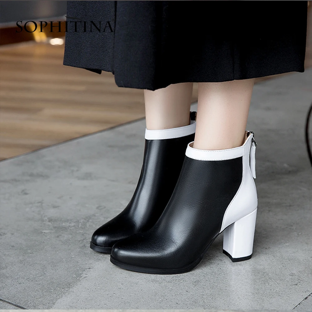 

SOPHITINA Comfortable Round Toe Boots High Quality Genuine Leather Square Heel Fashion Mixed Colors Shoes Women's Boots MO314