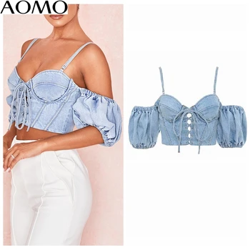 

AOMO fashion women retro denim crop blouse blue short sleeve chic female fashion slim shirt tops 1D300A