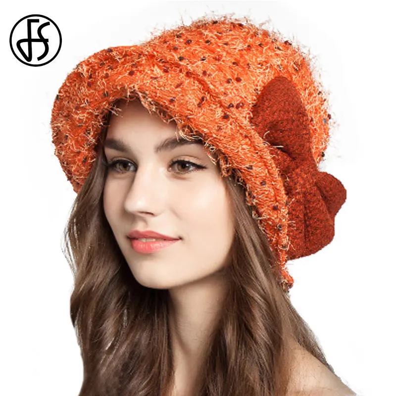 Женская шерстяная Панама FS складывающаяся шапка с бантом синего оранжевого или