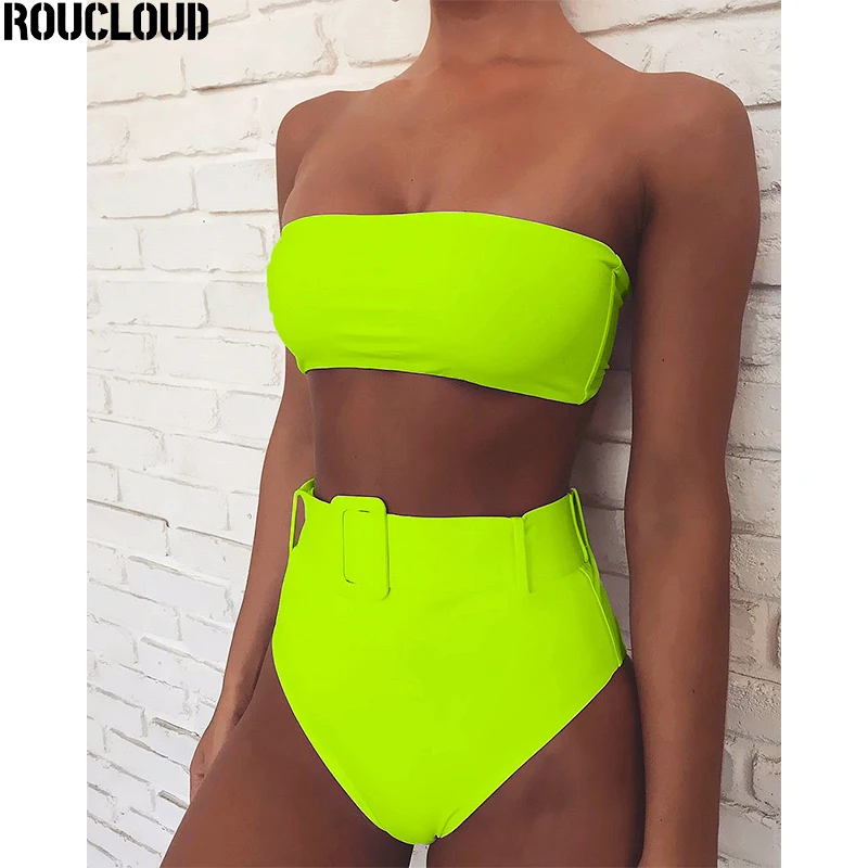 2020 Bikini Solid Bandeau Swimwear Women Push Up Buckle Swimsuit High Waist Set Beach Wear Bathing Suit Brazilian Biquini | Женская