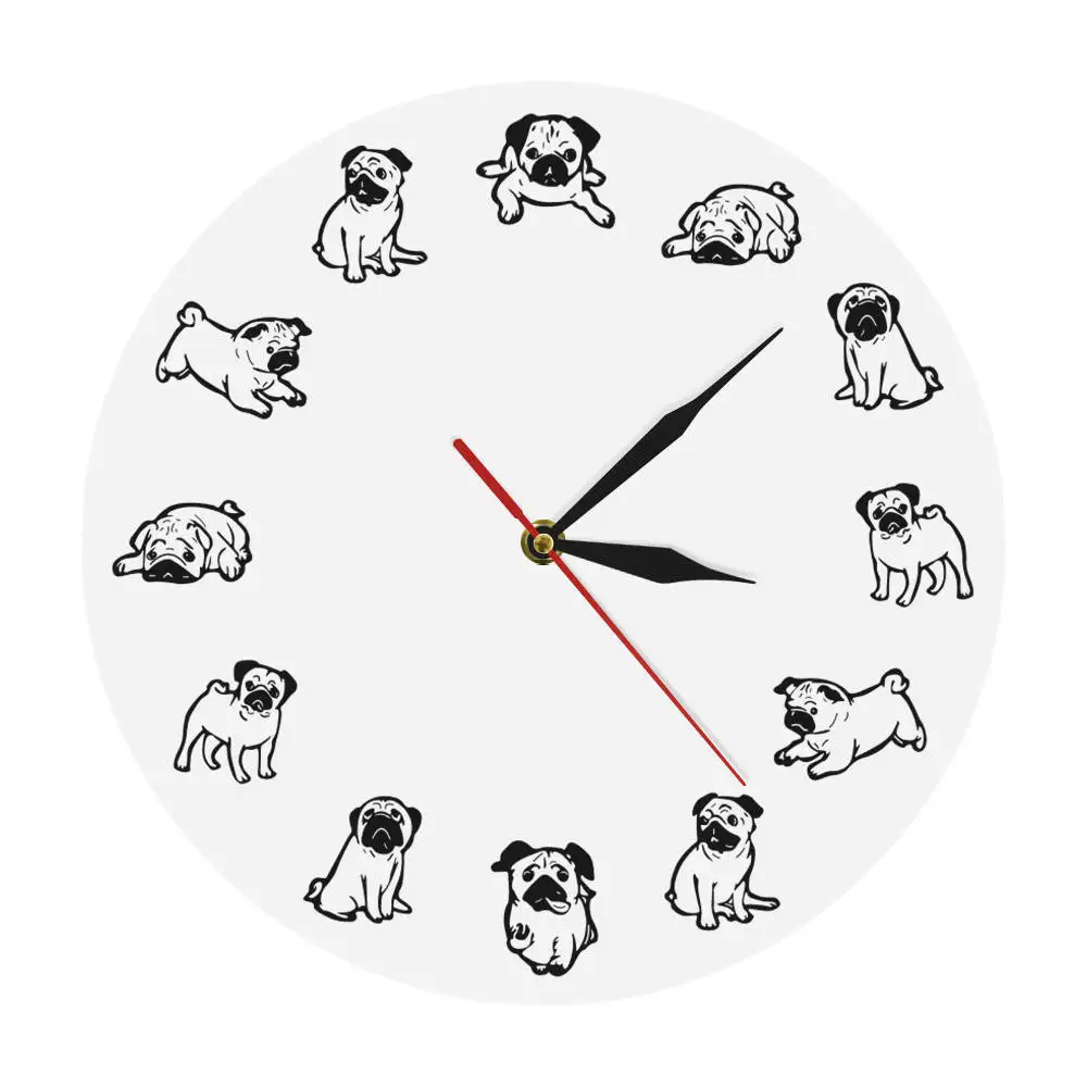 

Funny Pug Dog Silhouette Modern Print Wall Clock Cartoon Puppy Design Humor Clock Watch Wall Art Vet Office Veterinarian Decor