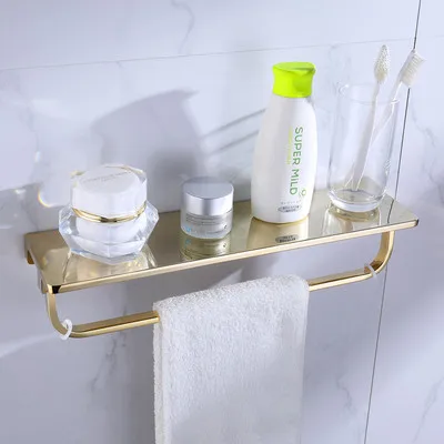 Brushed gold B Полка для ванной, Твердый латунный душ для ванной, настенная полка на болтах, угловая полка с полотенцем, роскошная ванна, оборудование - Цвет: Brushed gold B