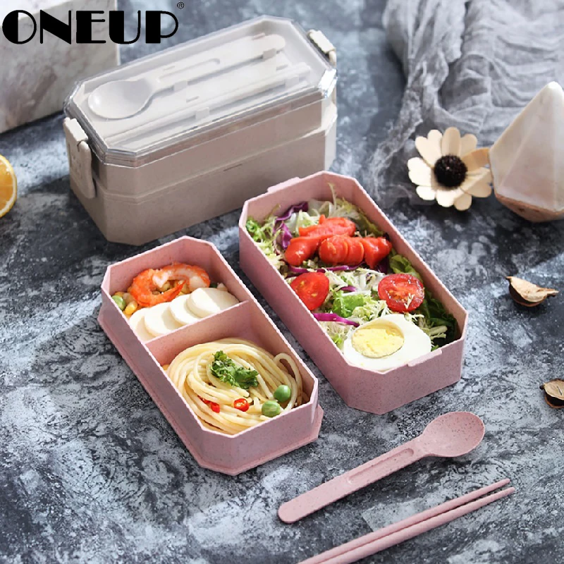 

ONEUP Wheat Straw Lunch Box For Kids School 2 Layers Bento Box Japanese Style With Tableware Kitchen Accessories Food Containe