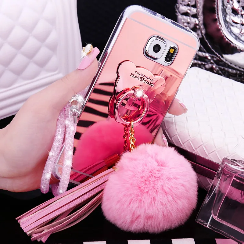 

For Samsung A10 A20 A30 A40 A50 A70 M10 M20 A6 A7 A8 A9 2018 Tassel Cover Luxury Soft Mirror Fox Fur Ball Ring Case