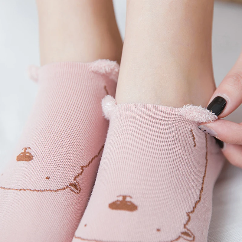 5 пар коротких носков с ушками медведя из мультфильма для женщин Kawaii Милая забавная лодка носки женские повседневные хлопковые носки для девочек
